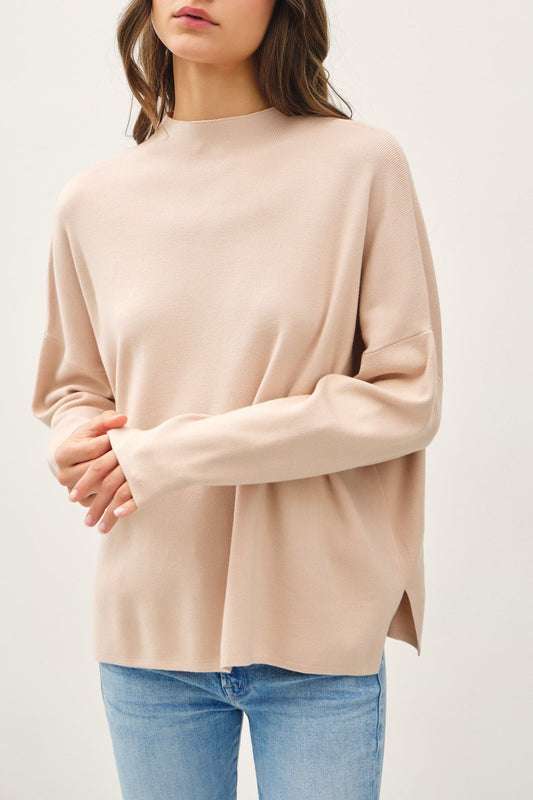 Long Sleeve Mock Neck Sweater-Beige