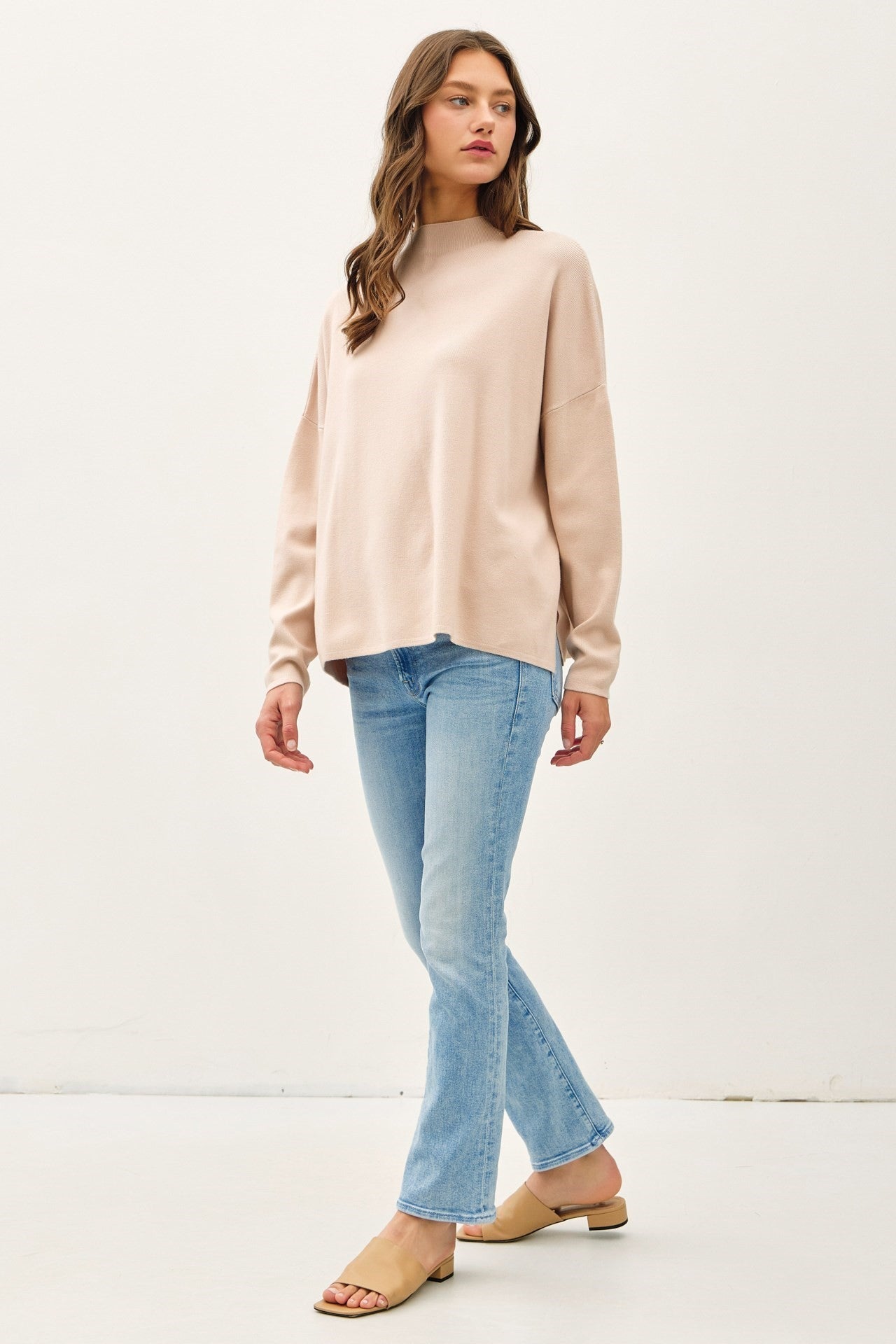 Long Sleeve Mock Neck Sweater-Beige