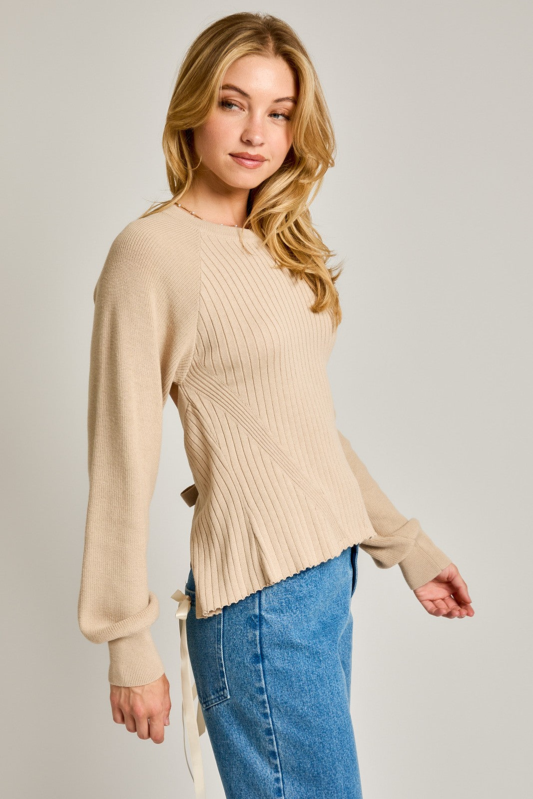 Beige Open Back Tie Sweater