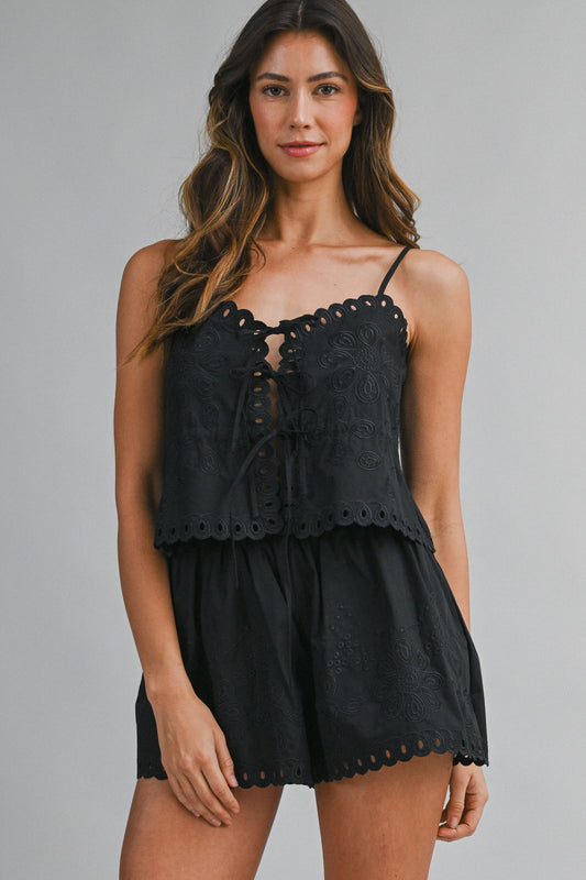 Black Embroidered Short Set