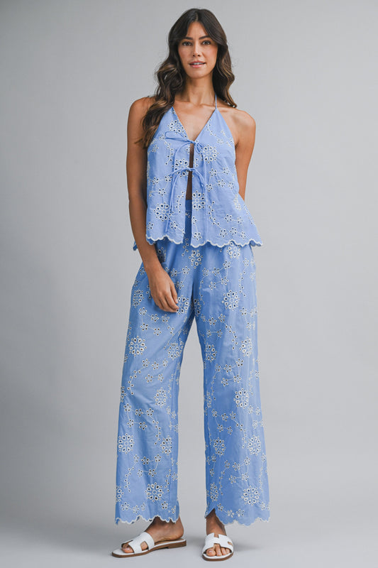 Blue Embroidered Tie Top