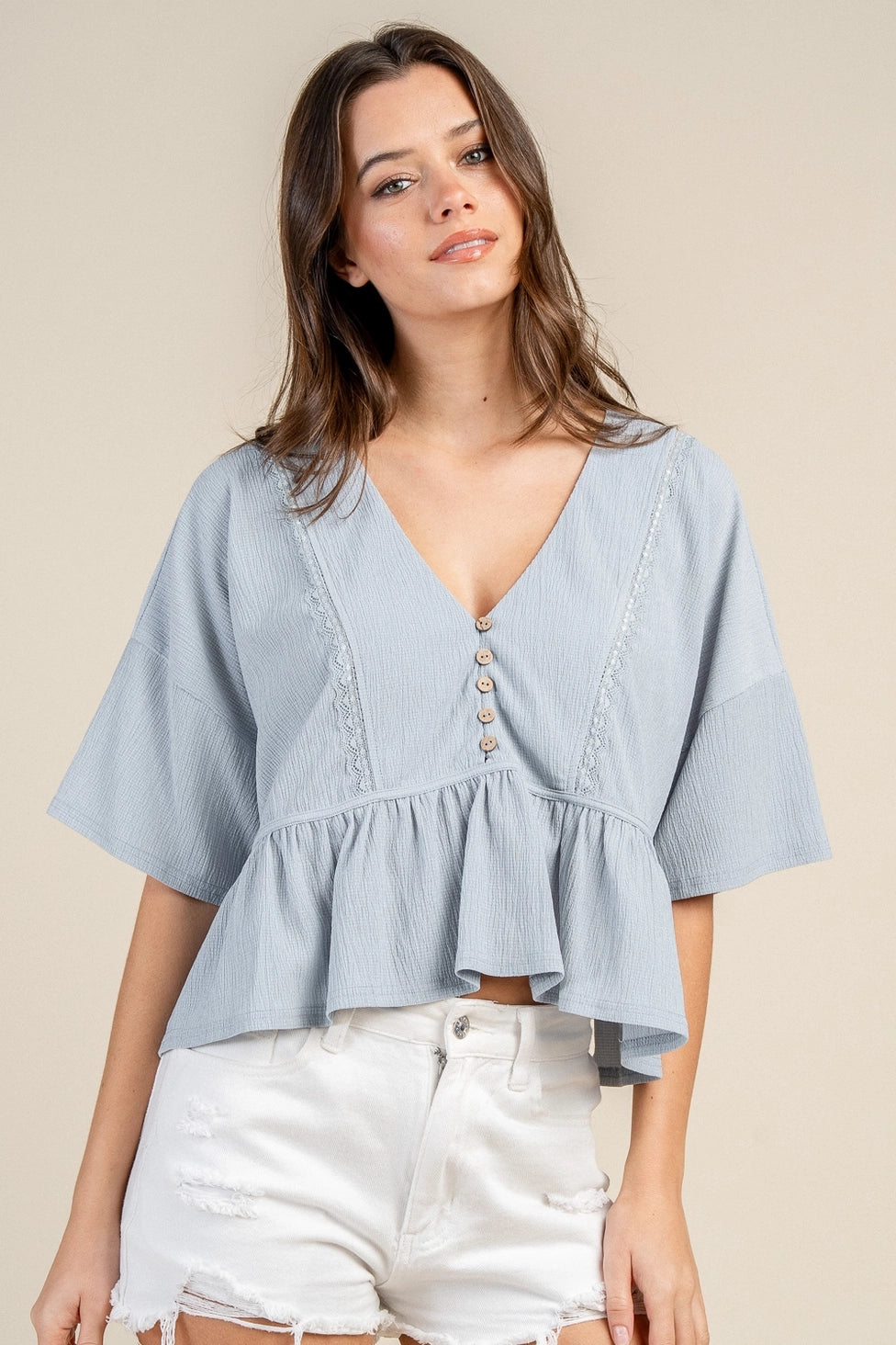 Blue Flowy Button Top