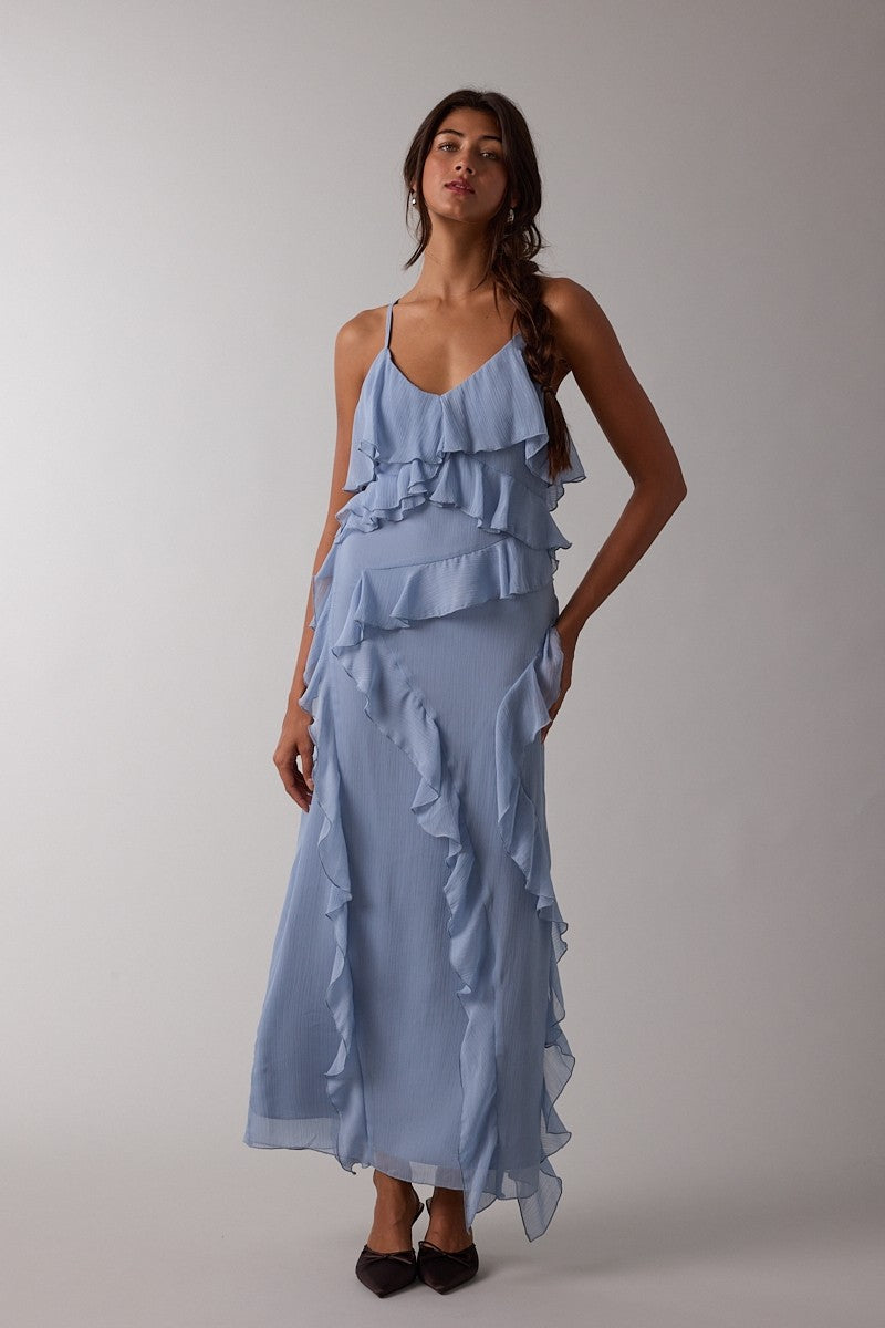 Blue Ruffle Maxi Dress