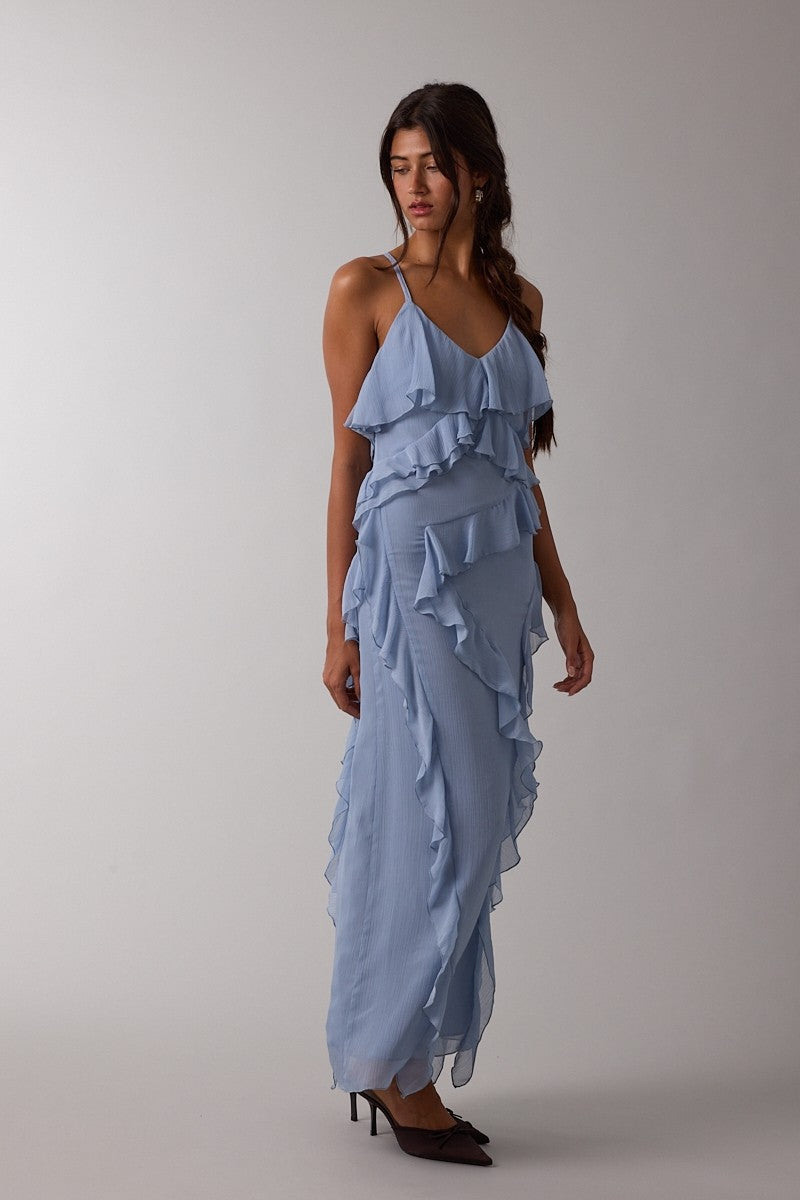 Blue Ruffle Maxi Dress
