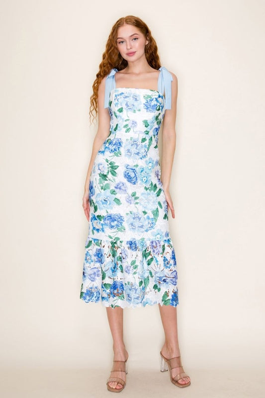 Blue Floral Eyelet Midi Dress