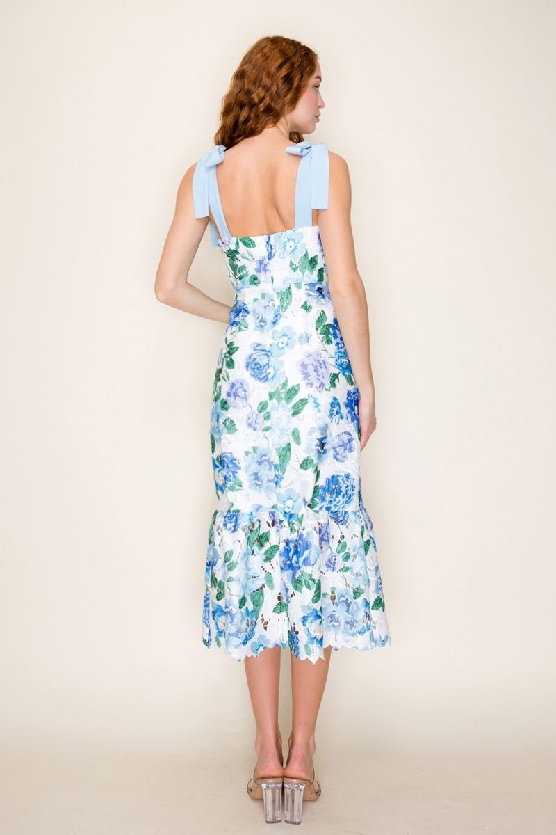 Blue Floral Eyelet Midi Dress