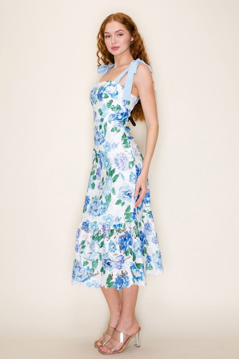 Blue Floral Eyelet Midi Dress