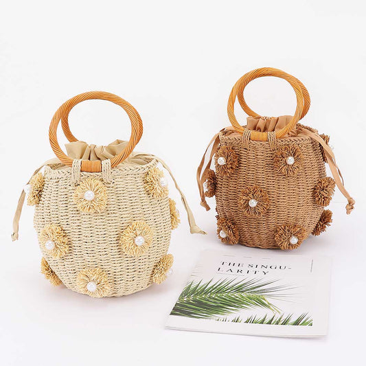 Straw Pearl Flower Bucket Bag