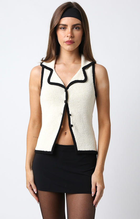 Cream Sleeveless Sweater w/ Buttons