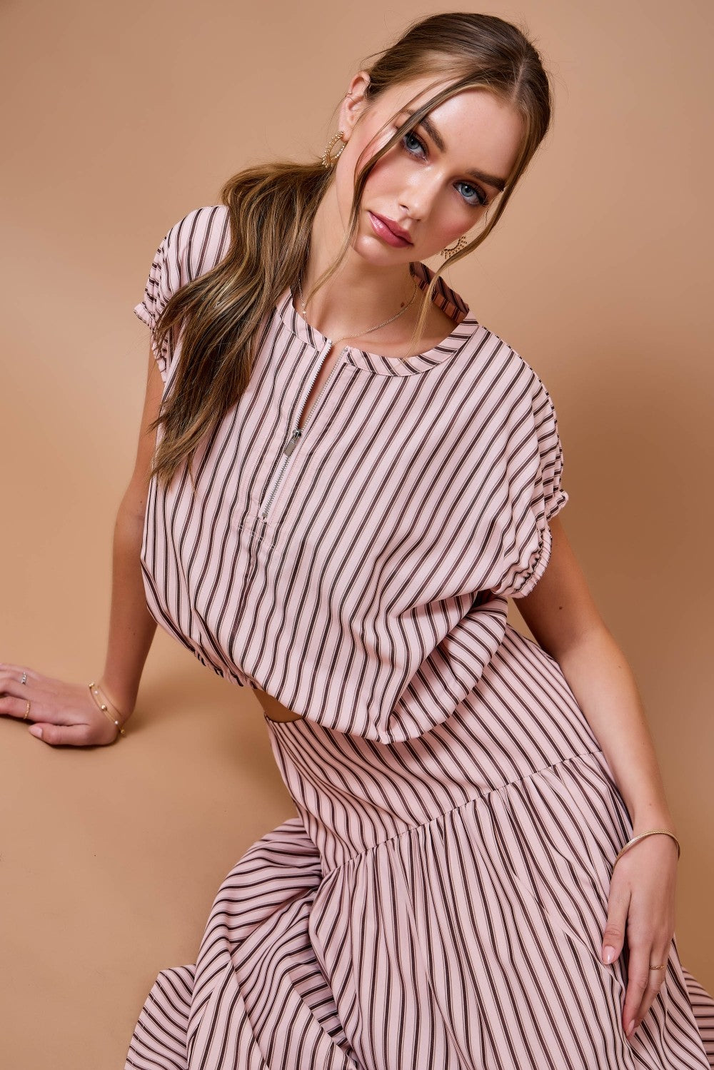 Pink + Brown Stripe Zip Blouse