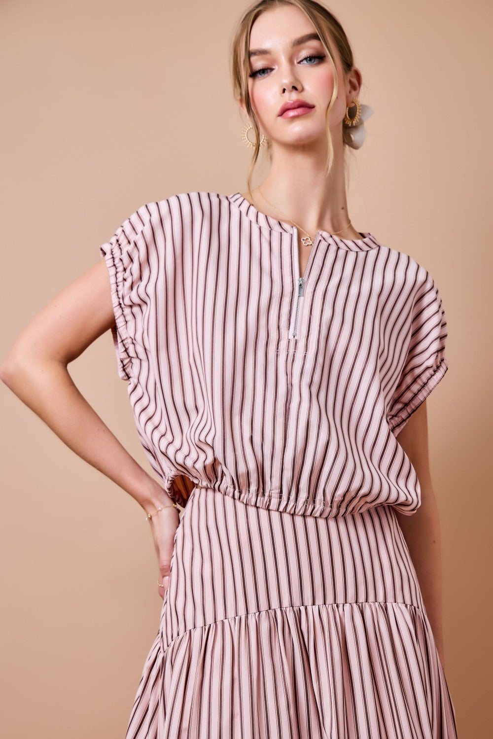 Pink + Brown Stripe Zip Blouse