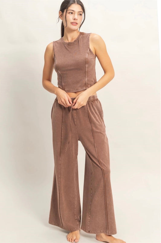 Brown Mineral Washed Wide Leg Pant