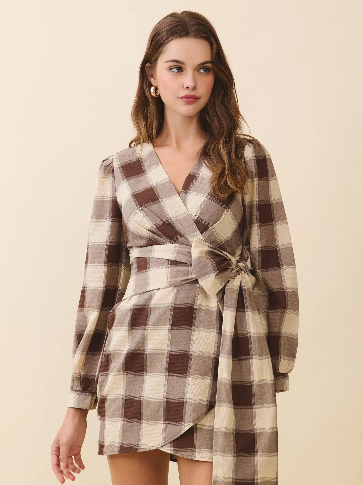 Brown Plaid Wrap Dress