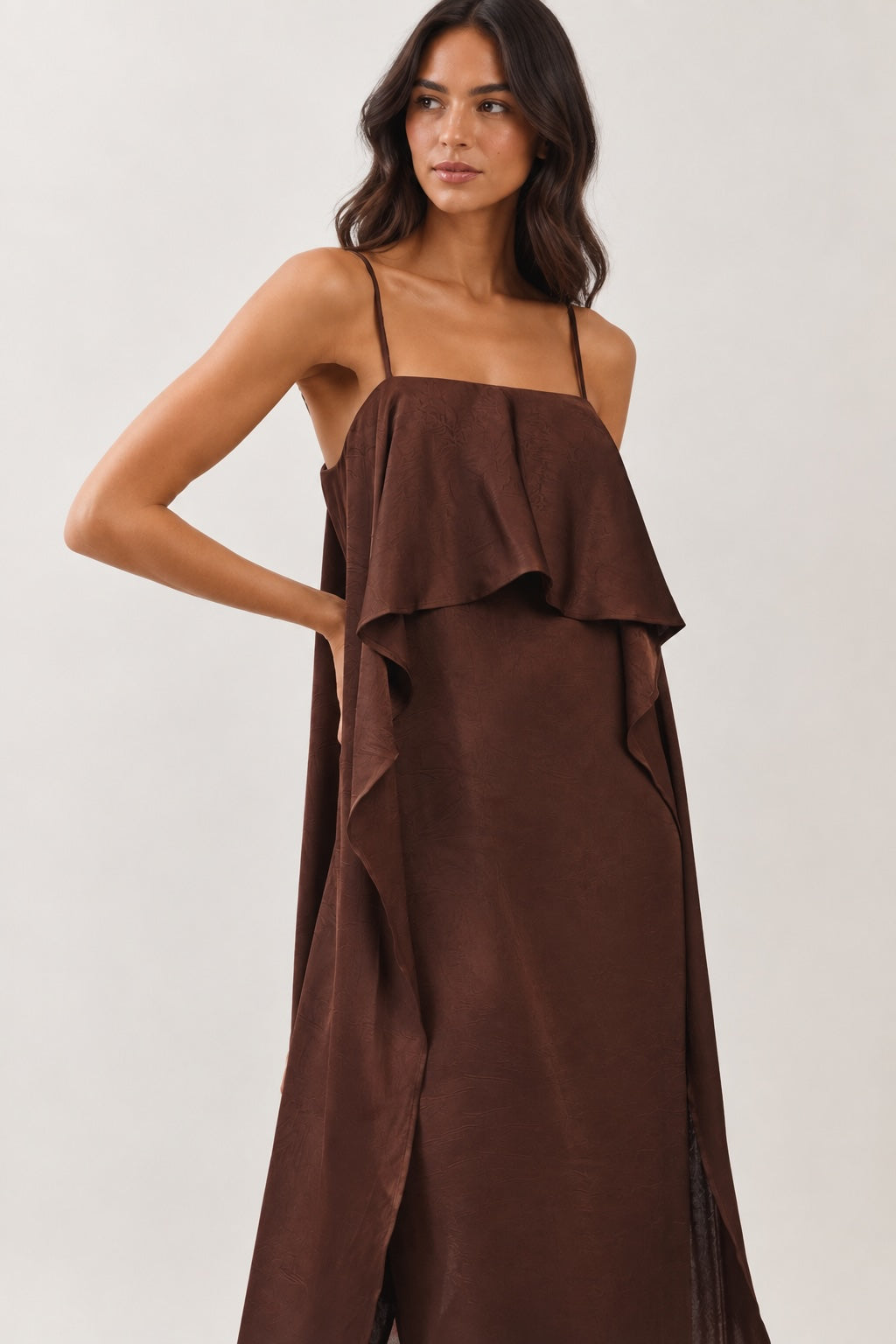 Brown Satin Overlay Maxi Dress