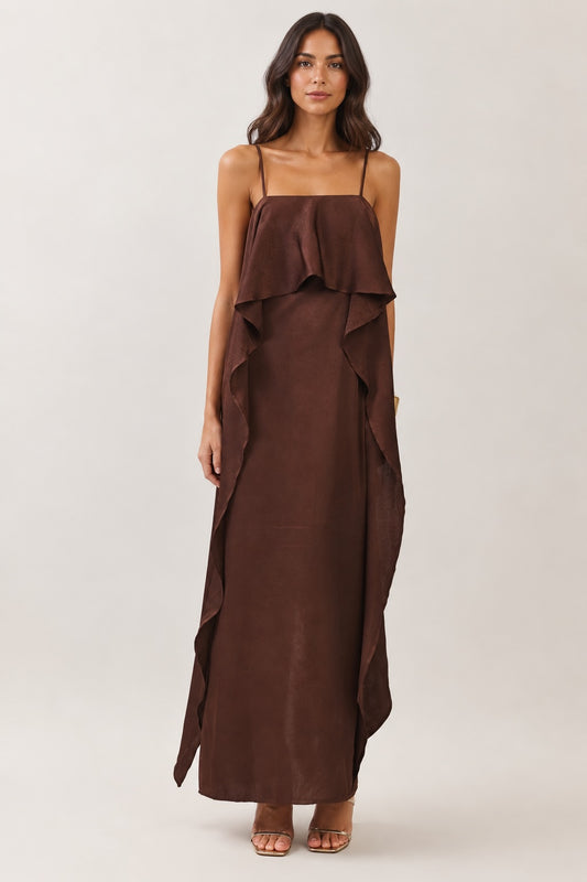 Brown Satin Overlay Maxi Dress