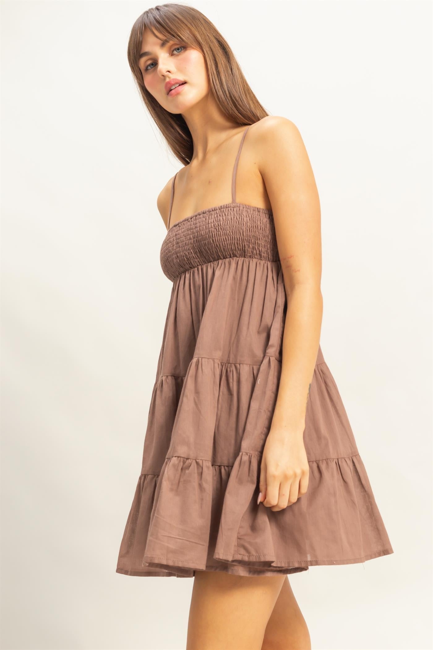 Brown Smocked Mini Dress