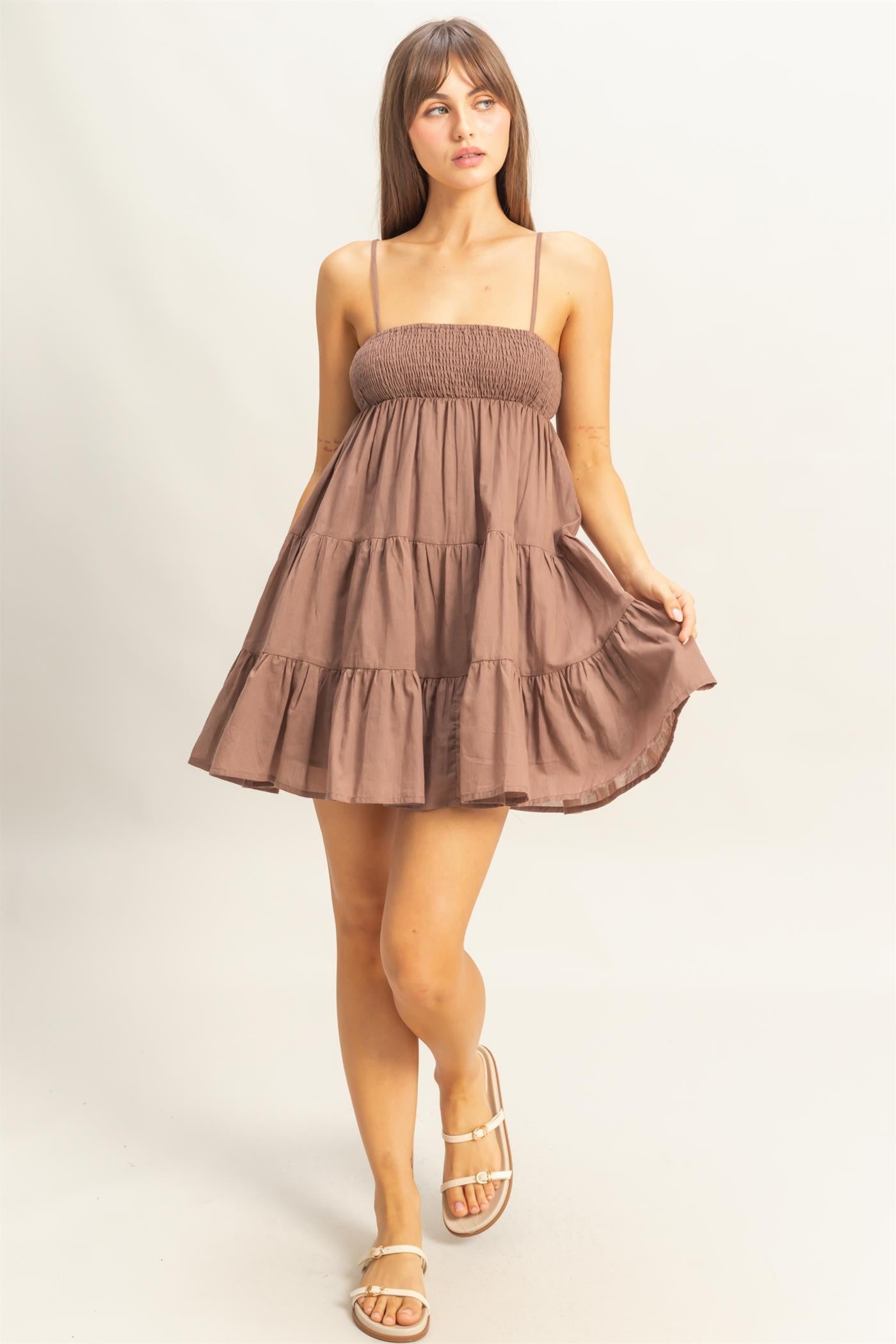 Brown Smocked Mini Dress