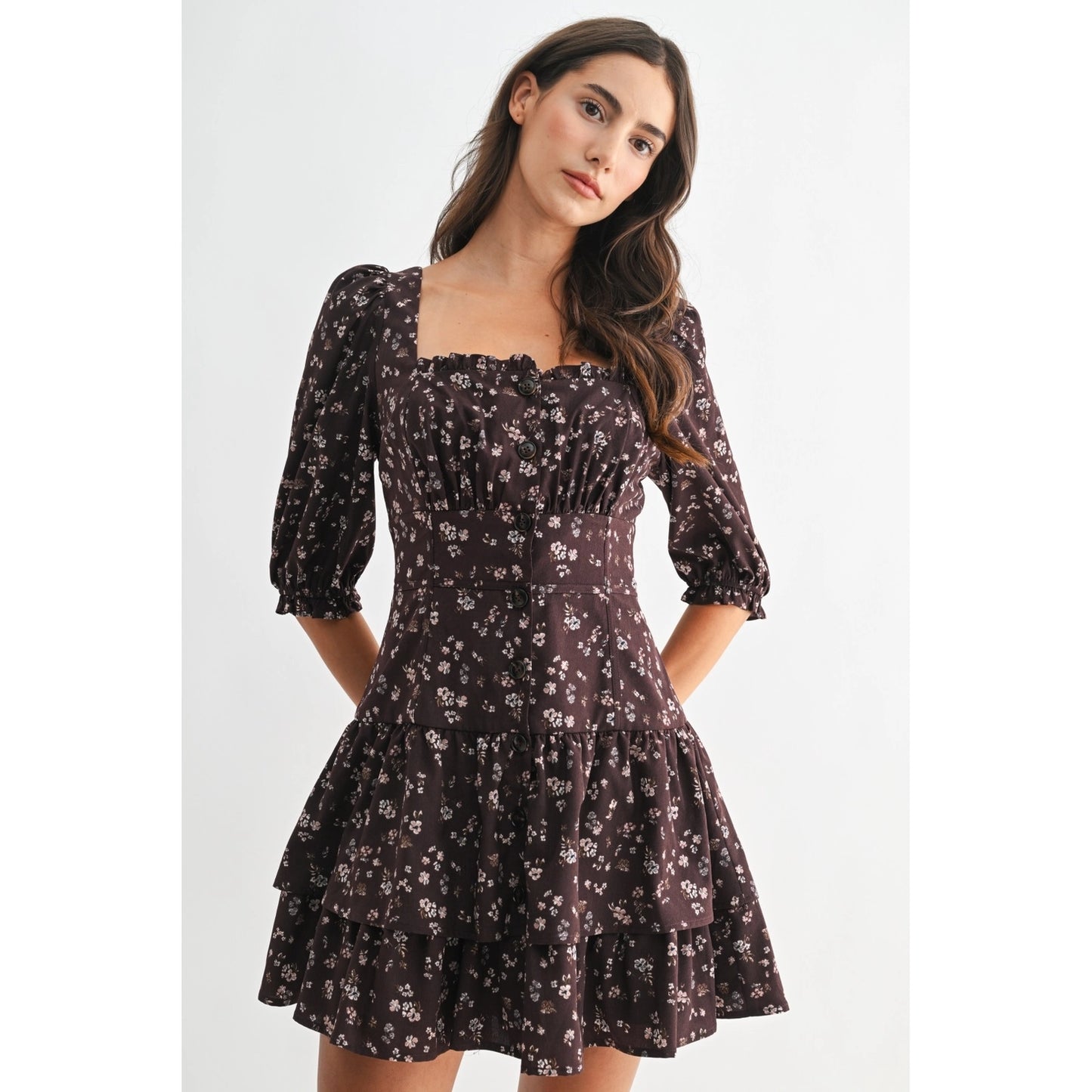 Brown Floral Puff Sleeve Mini