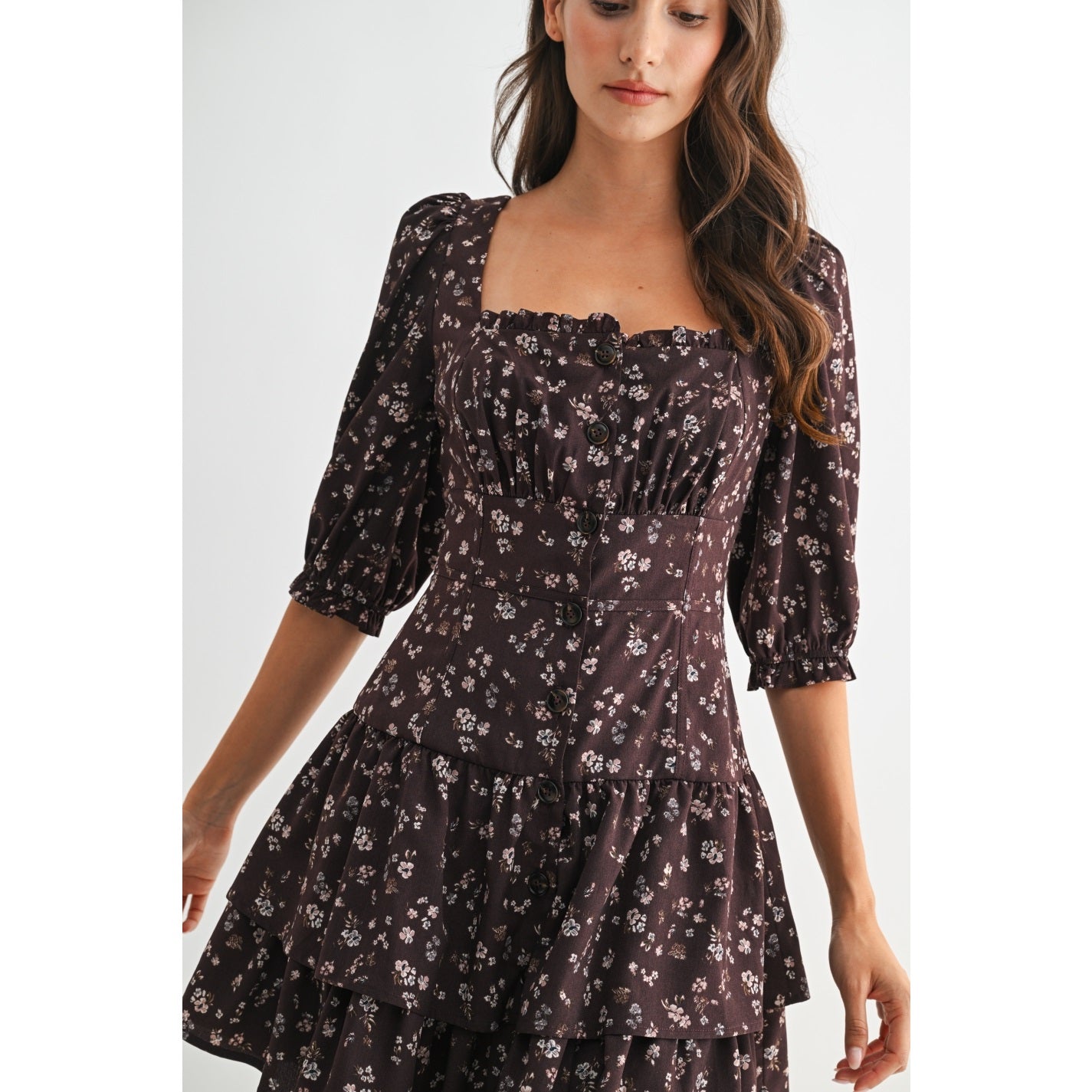 Brown Floral Puff Sleeve Mini