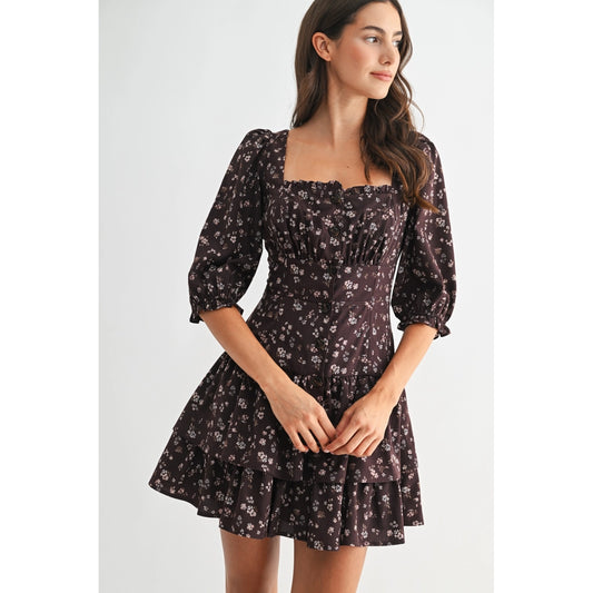 Brown Floral Puff Sleeve Mini