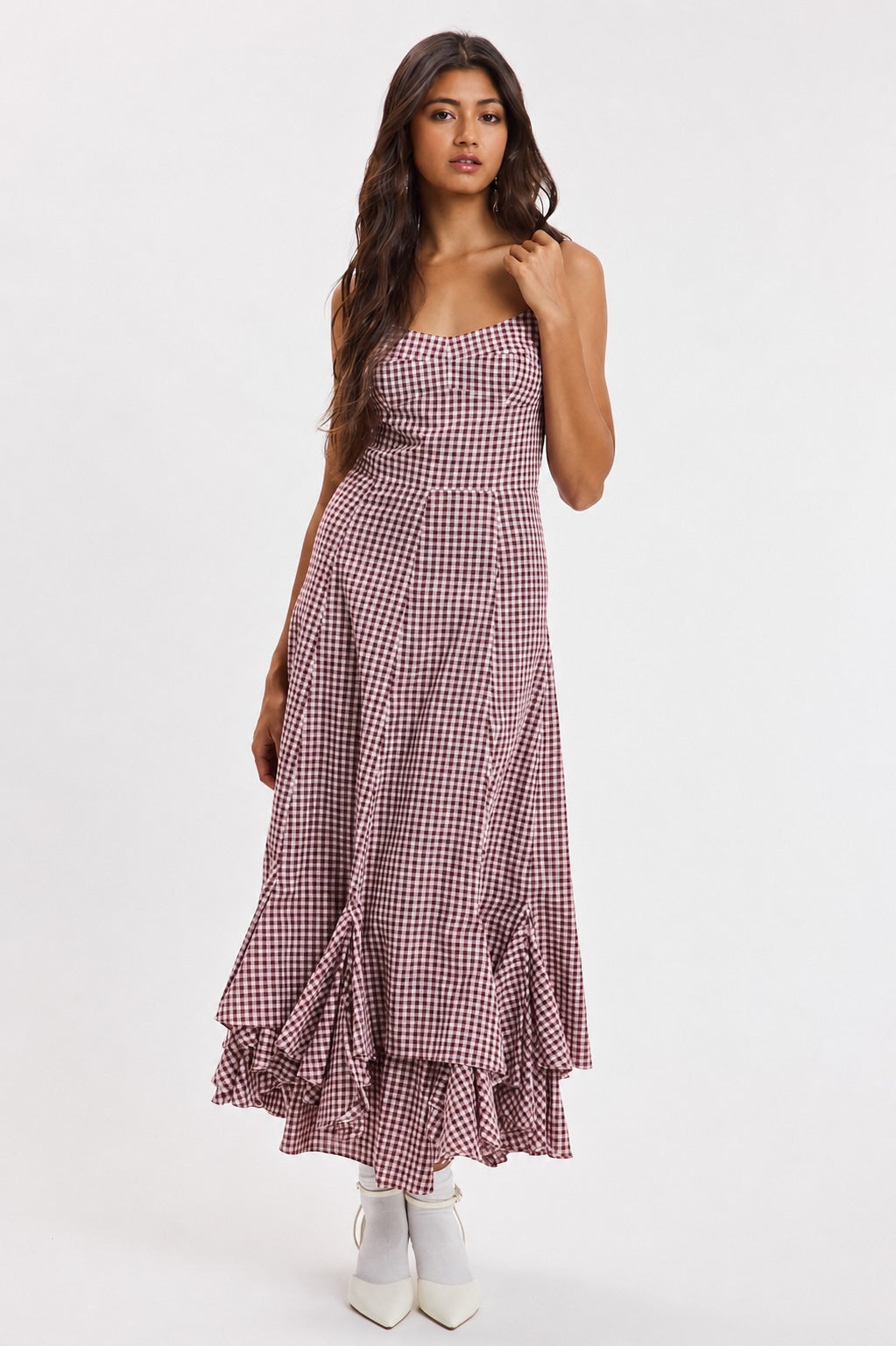 Burgundy Gingham Tiered Maxi Dress