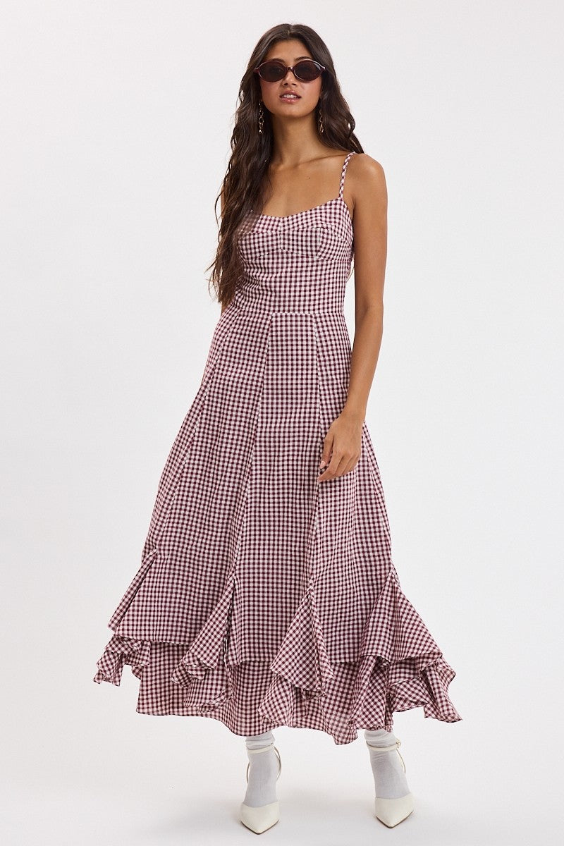 Burgundy Gingham Tiered Maxi Dress