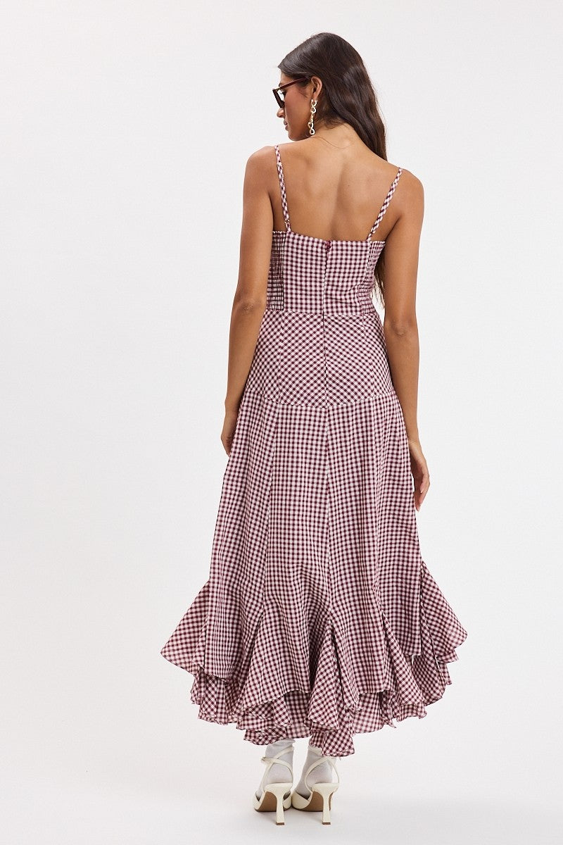 Burgundy Gingham Tiered Maxi Dress