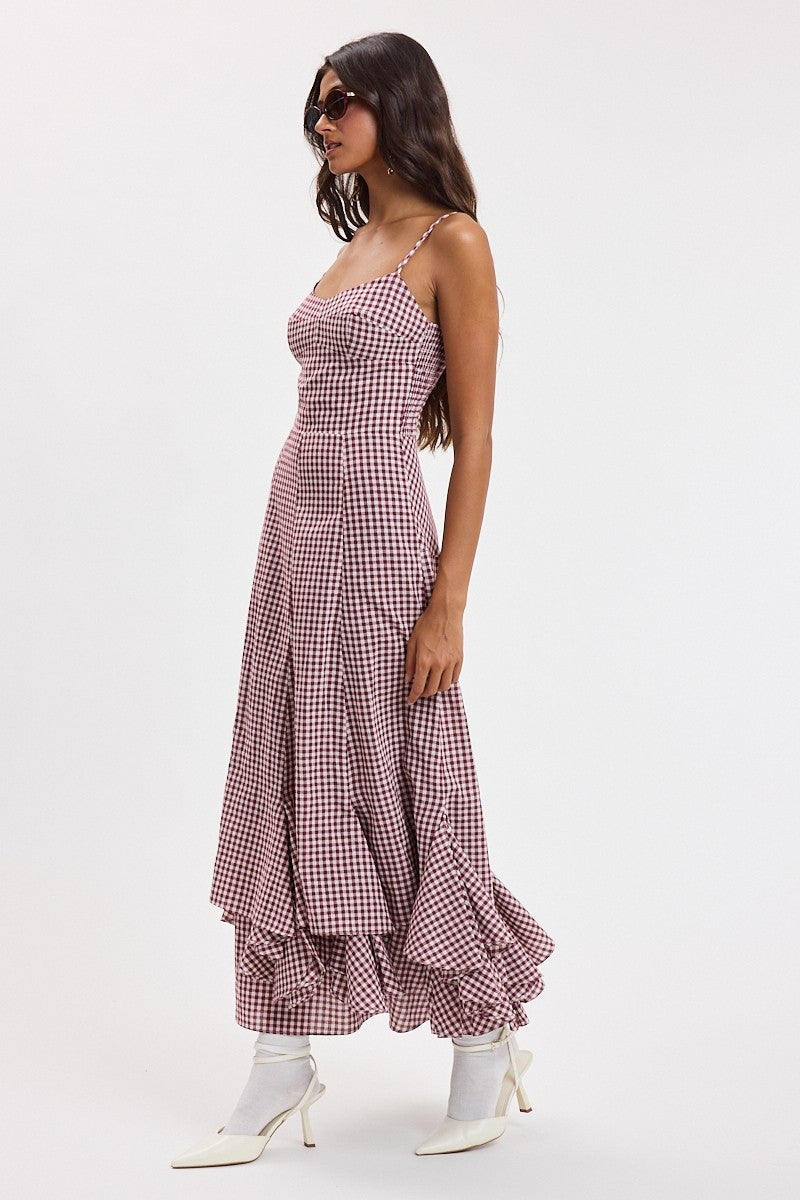 Burgundy Gingham Tiered Maxi Dress