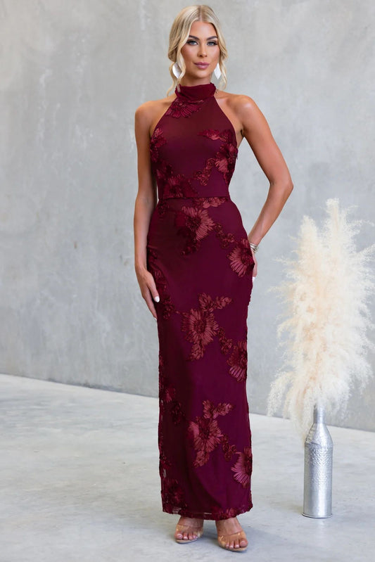 Burgundy High Neck Floral Midi Dress