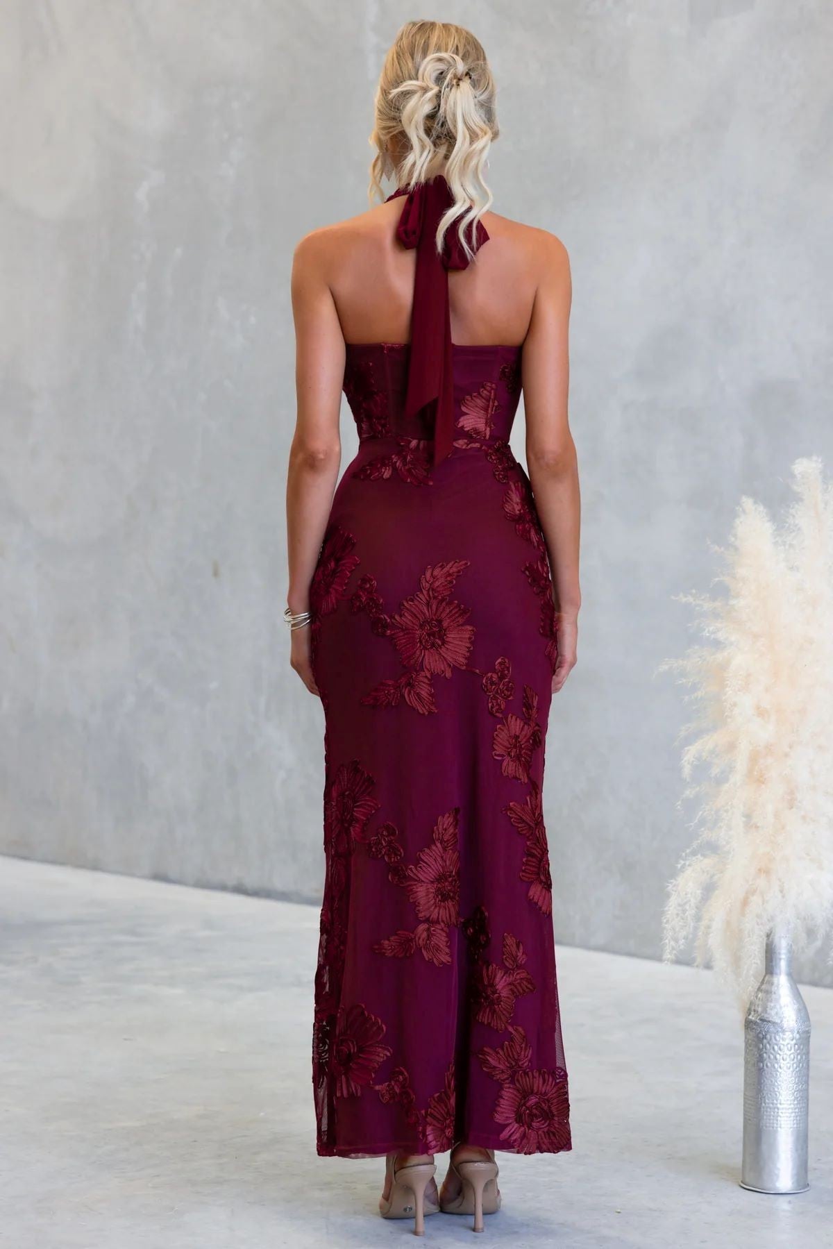 Burgundy High Neck Floral Midi Dress