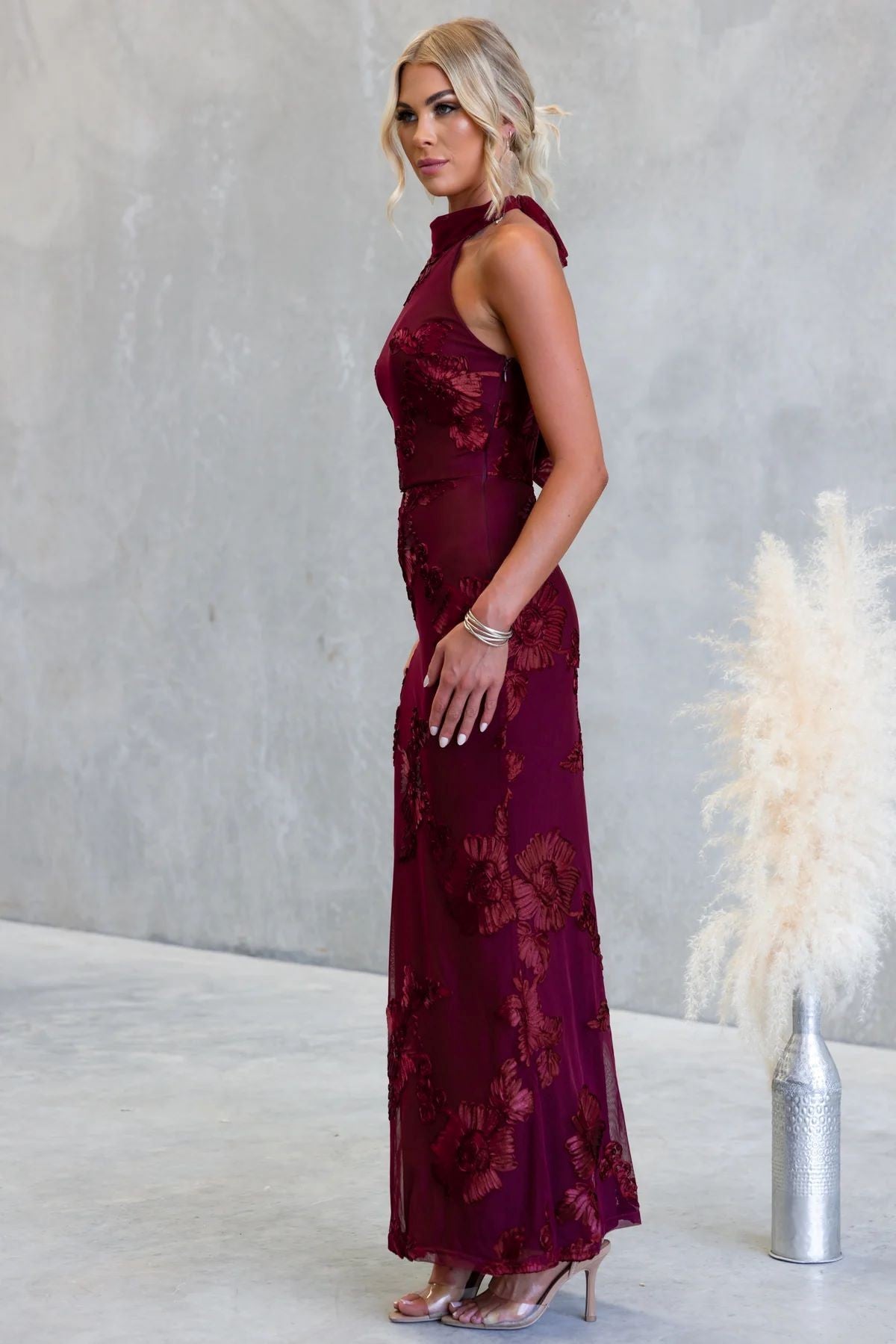 Burgundy High Neck Floral Midi Dress