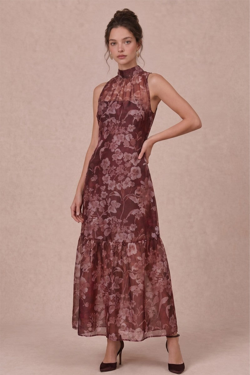Burgundy Floral Organza Maxi