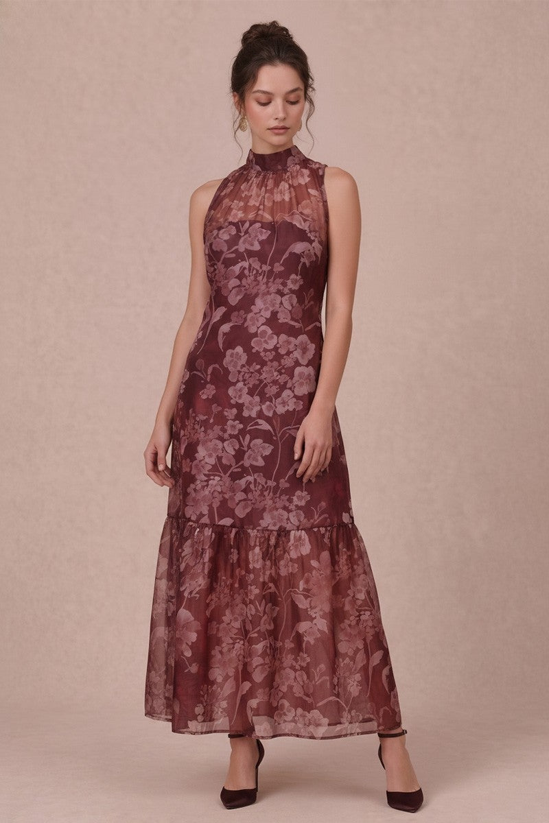 Burgundy Floral Organza Maxi