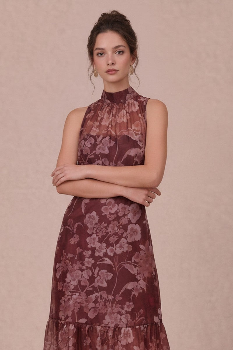 Burgundy Floral Organza Maxi