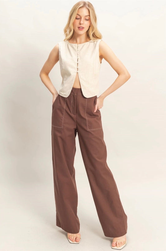 Brown Linen Blend Wide Leg Pant