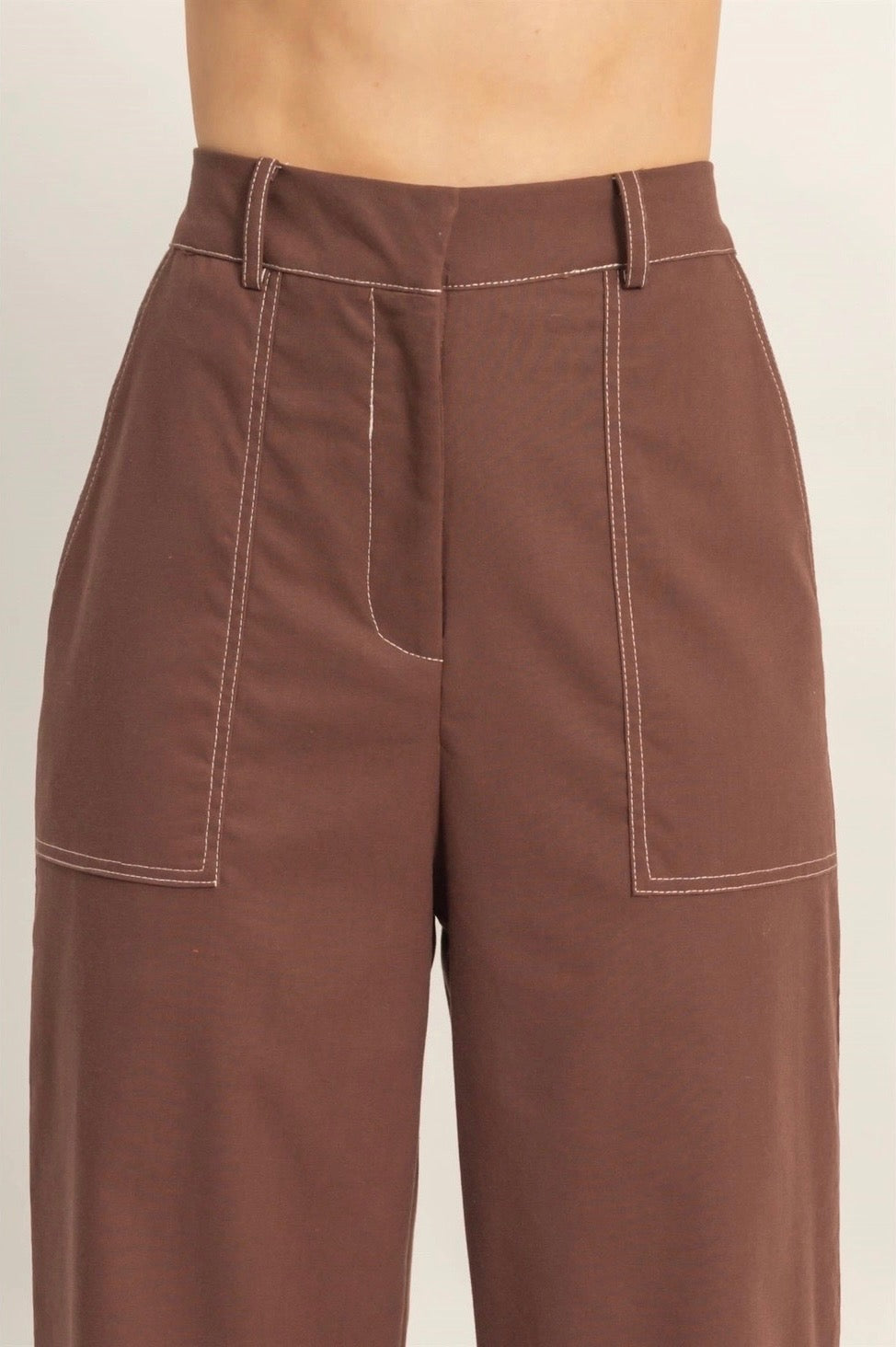 Brown Linen Blend Wide Leg Pant