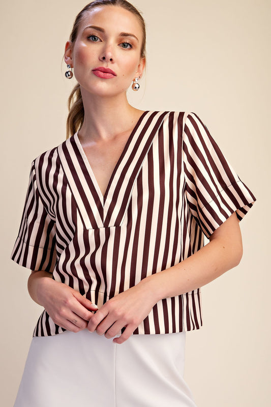 Chocolate Cream Stripe Vneck Blouse