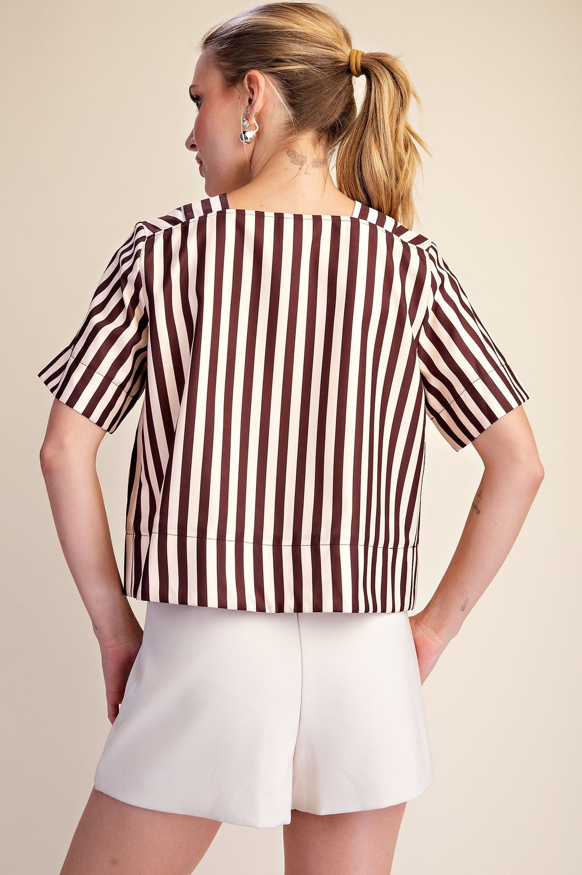 Chocolate Cream Stripe Vneck Blouse