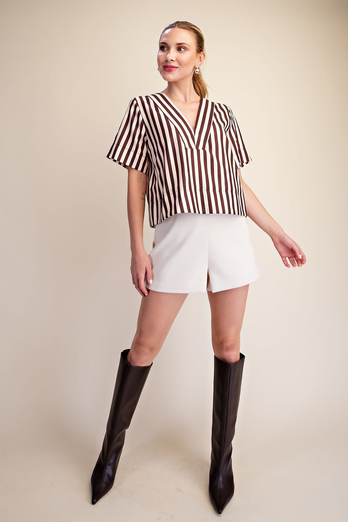 Chocolate Cream Stripe Vneck Blouse