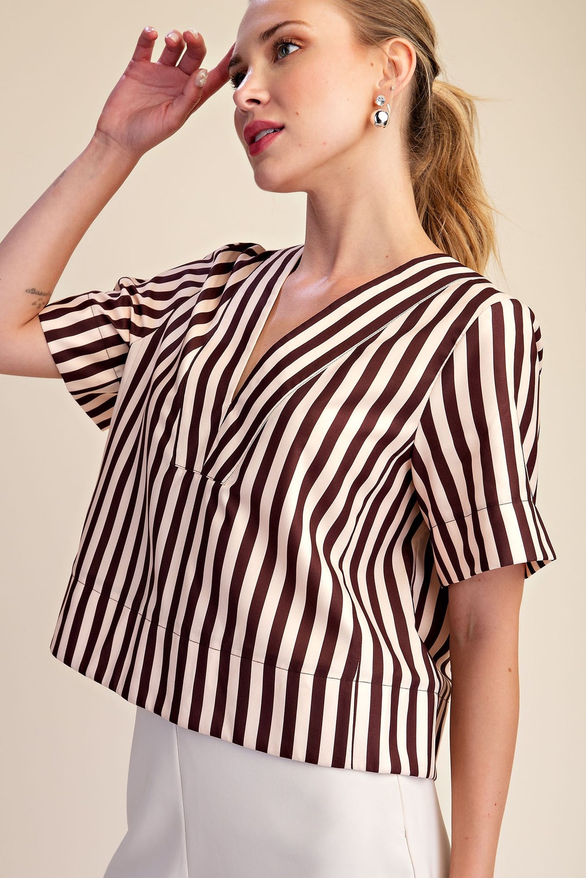 Chocolate Cream Stripe Vneck Blouse