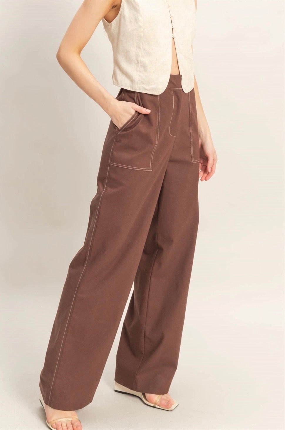 Brown Linen Blend Wide Leg Pant