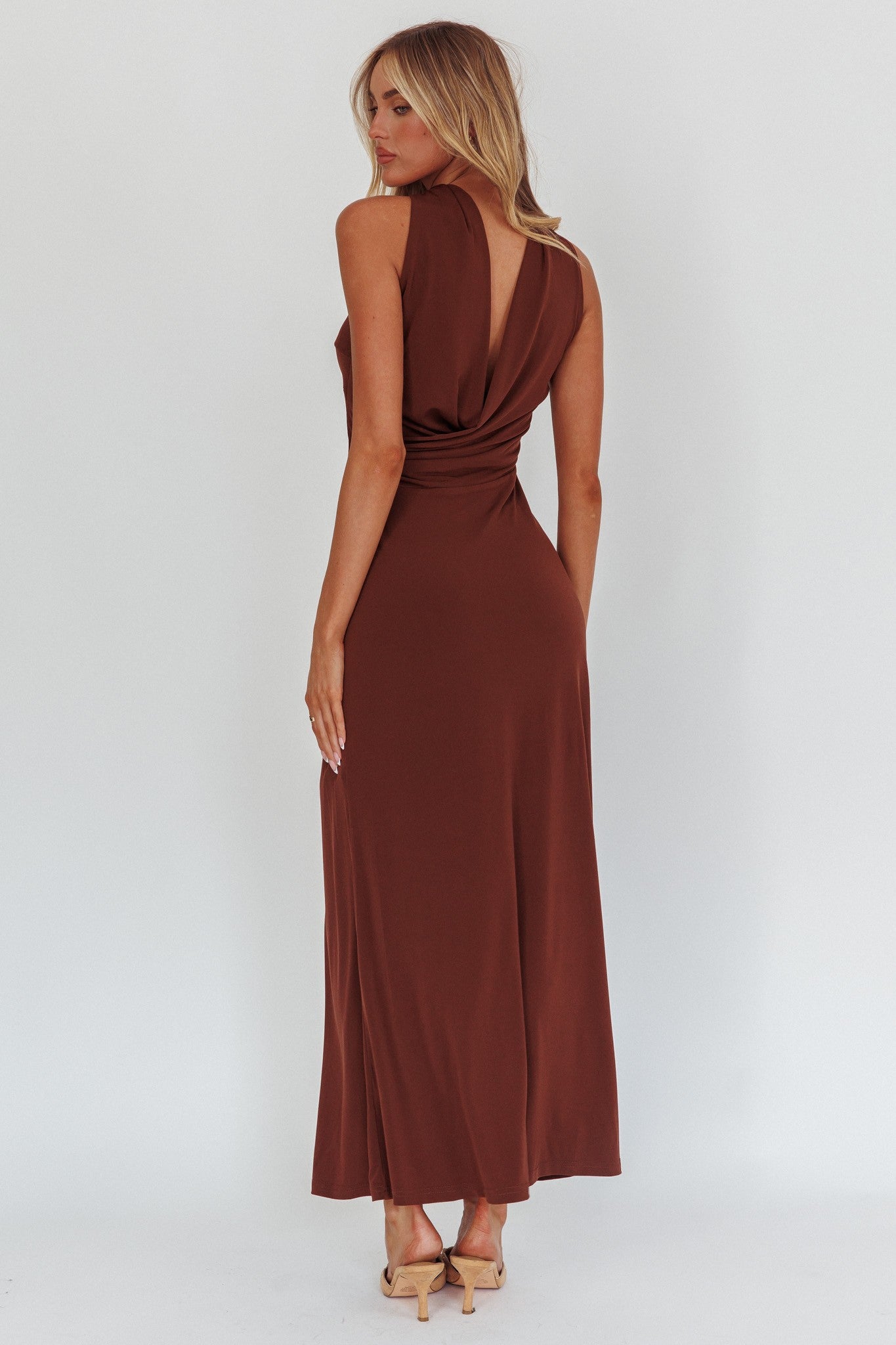 Chocolate Reverse Halter Maxi – XO EM + CO