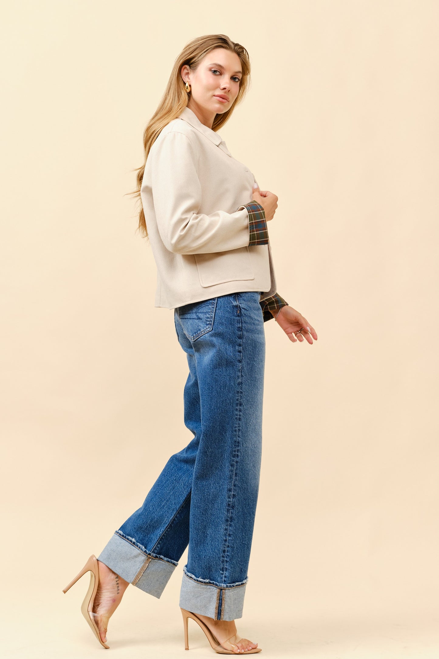 Beige Corduroy Plaid Jacket