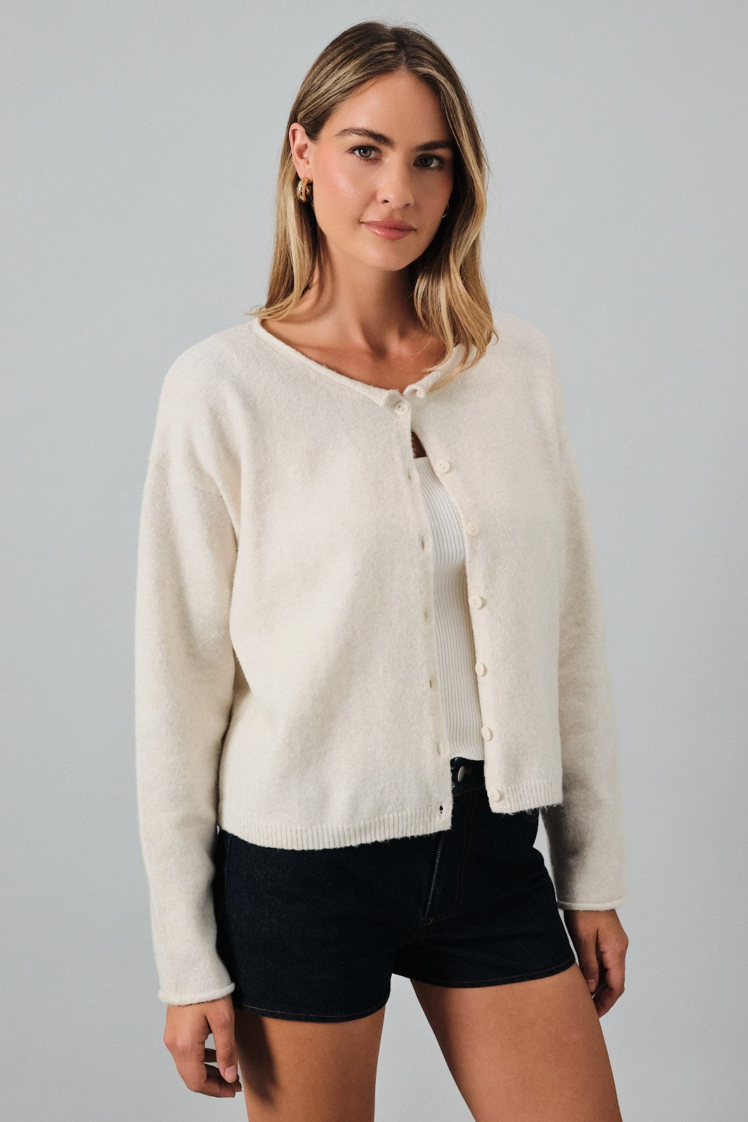 Cream Rolled Neck Cardigan