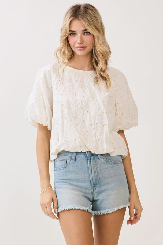 Cream Embroidered Bubble Sleeve Top