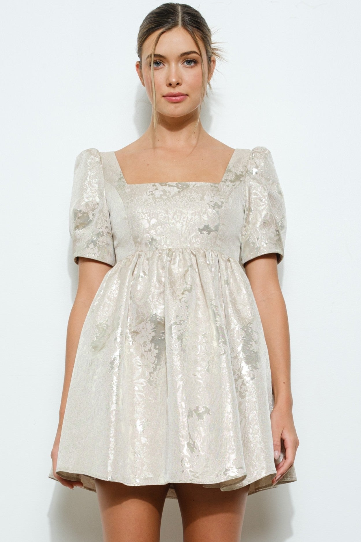 Metallic Jacquard Baby Doll Dress