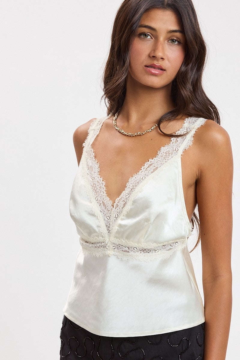 Cream Satin Lace Top
