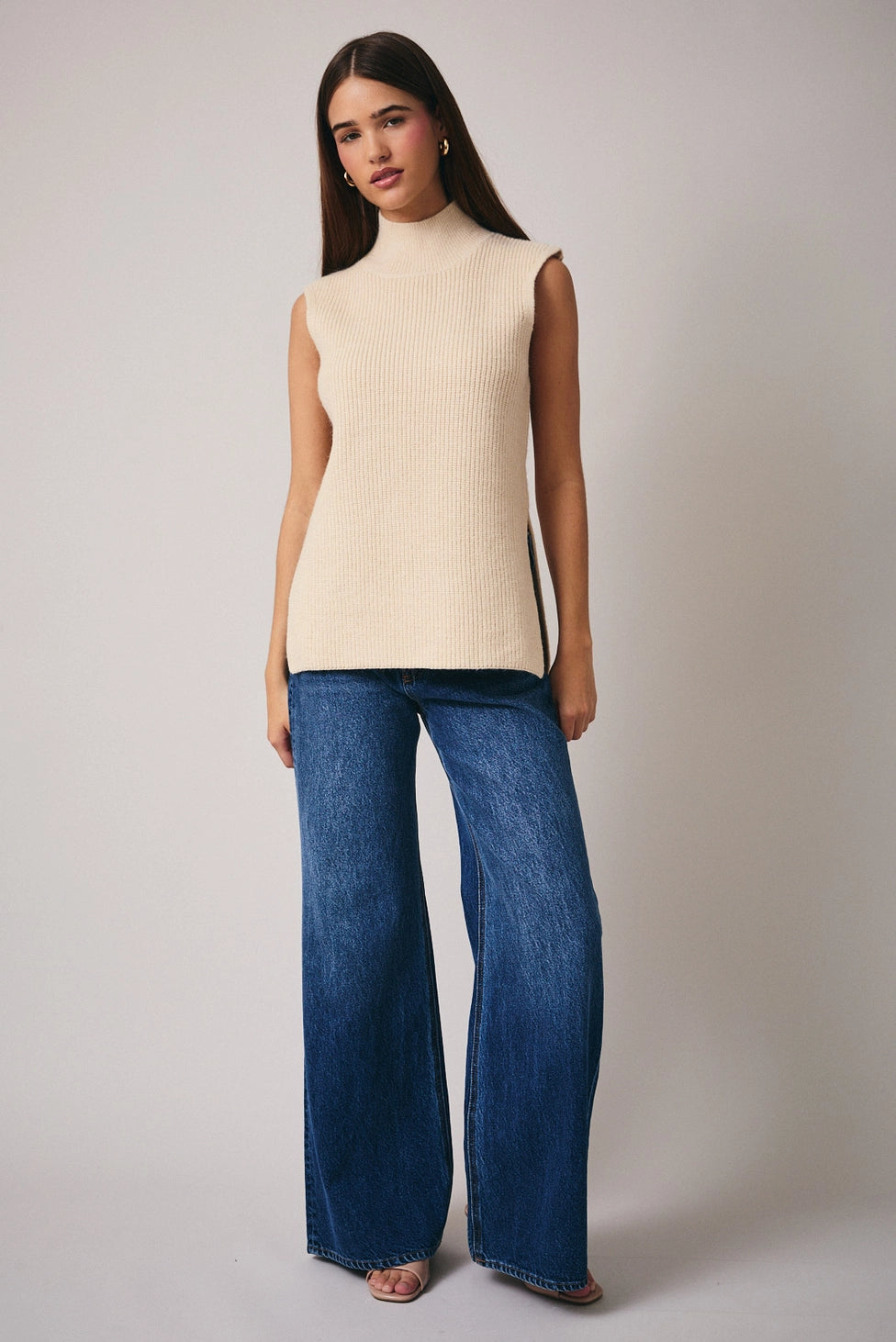 Cream High Neck Sleeveless Sweater