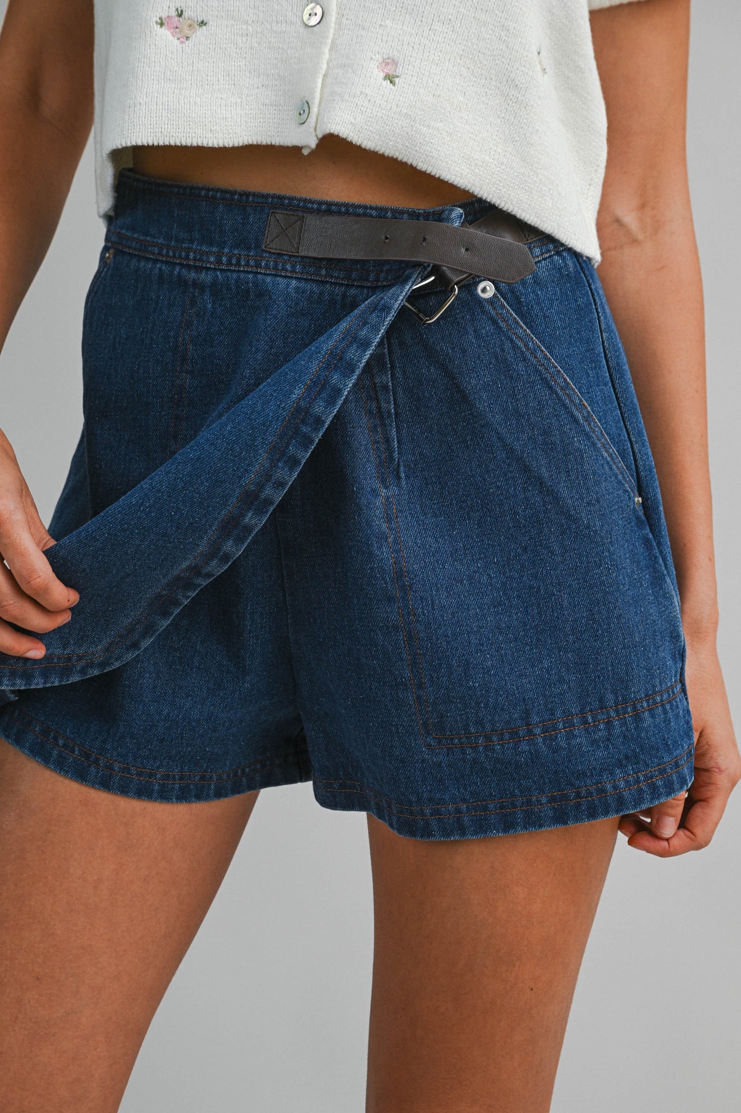 Denim Asymmetrical Wrap Skort