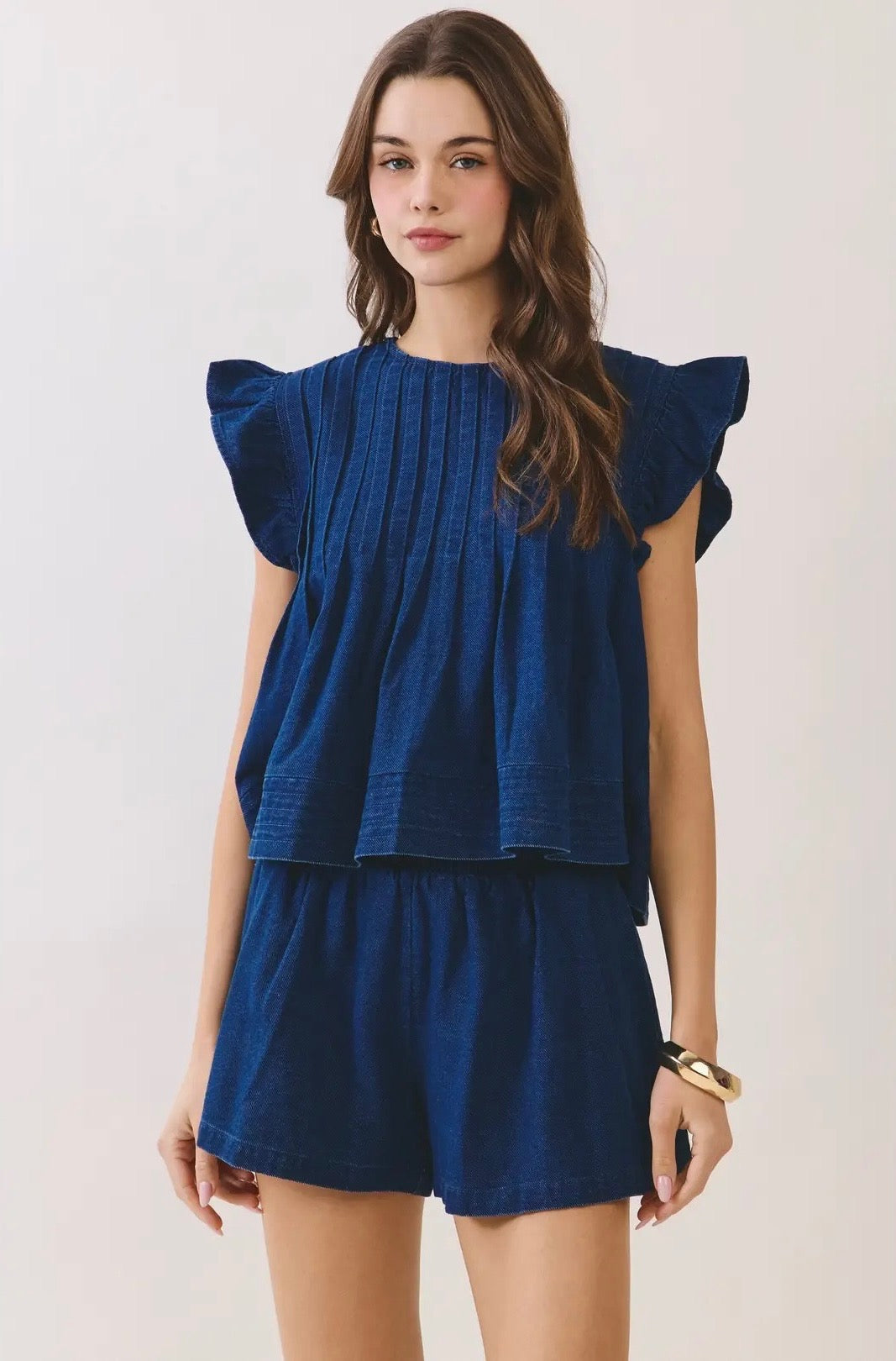 Denim Ruffle Babydoll Blouse
